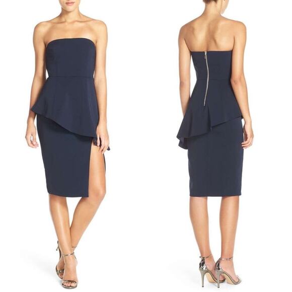 Jay Godfrey navy blue strapless peplum slit midi dress size 12‎ - Picture 1 of 7